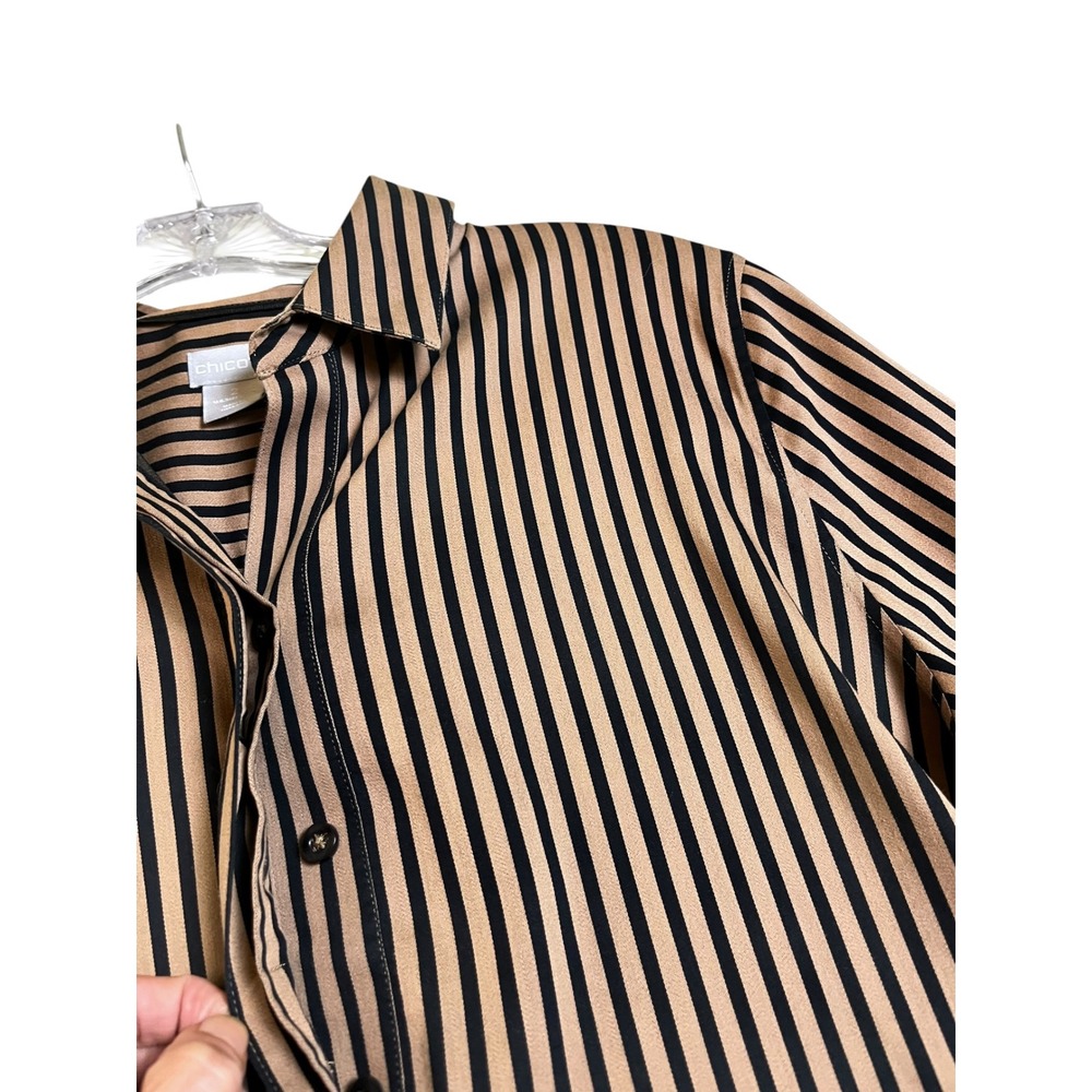Chicos Tan Black Striped Blouse 2 US 12 14 Long Sleeve Button Front - Picture 6 of 9